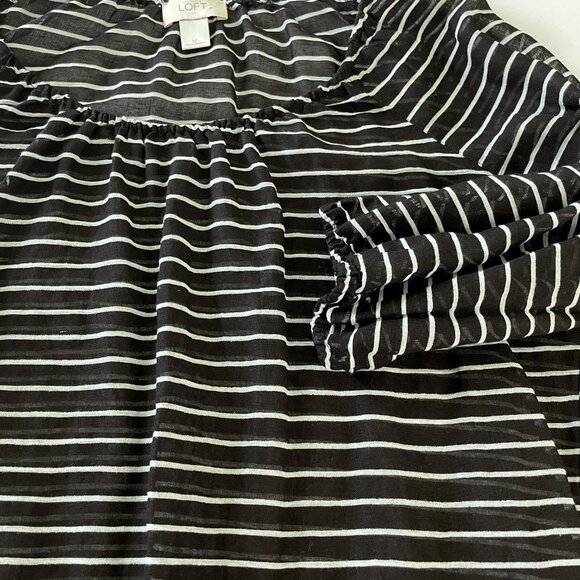 Ann Taylor Loft Blouse Size M Black White Striped 3/4 Sleeve Elastic Waist Top - Picture 3 of 12